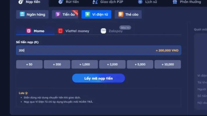 Phương thức Paywin được tích hợp trực tiếp trên giao diện nạp tiền của Bayclub